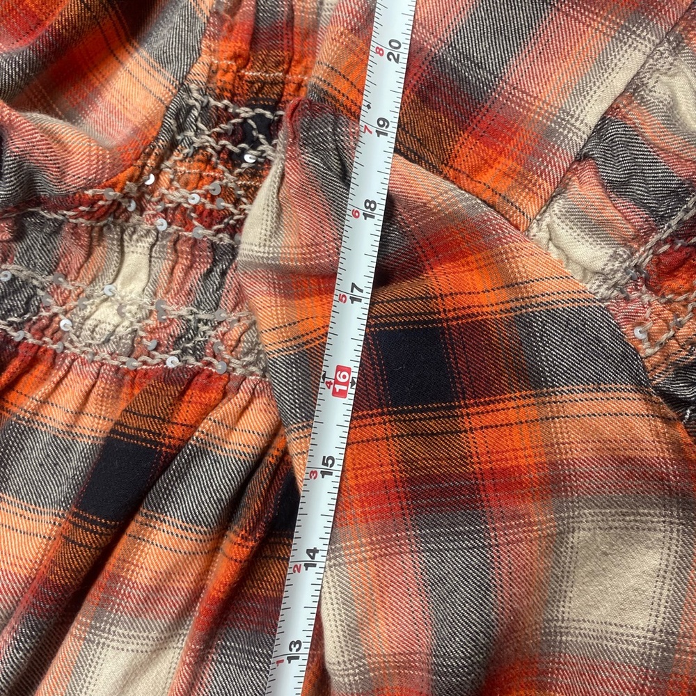 Sundance Orange Black Cream Plaid Peasant Top - Picture 7 of 8